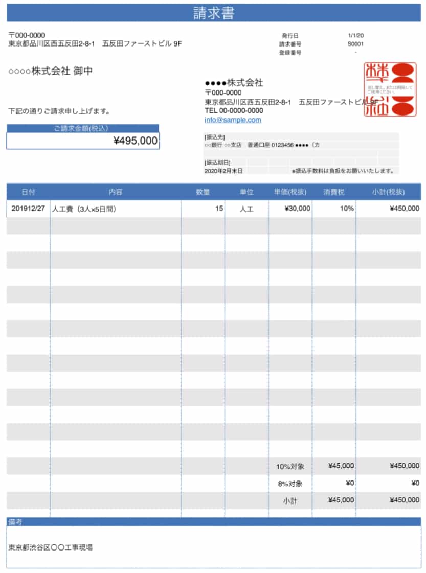 人工代　請求書の書き方